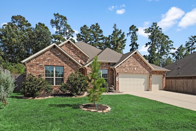 view of front of property featuring a garage and a front lawn