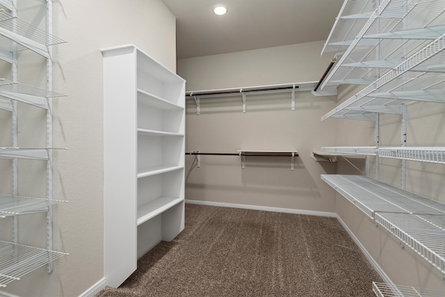 walk in closet featuring dark colored carpet