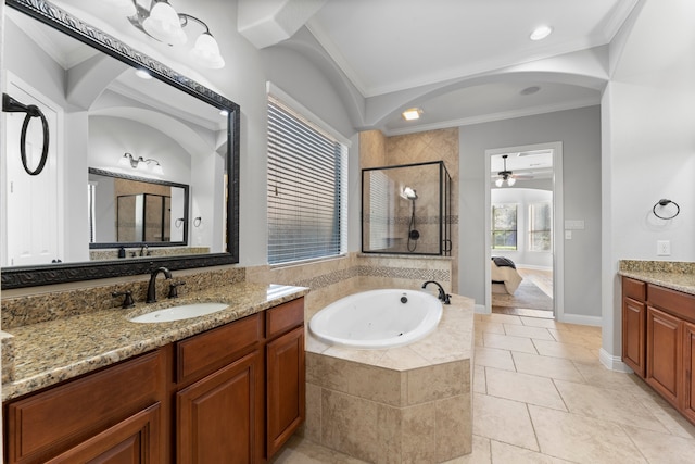 bathroom with tile patterned floors, vanity, separate shower and tub, ceiling fan, and crown molding