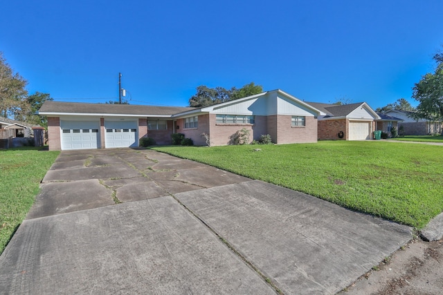 ranch-style house with a front yard and a garage