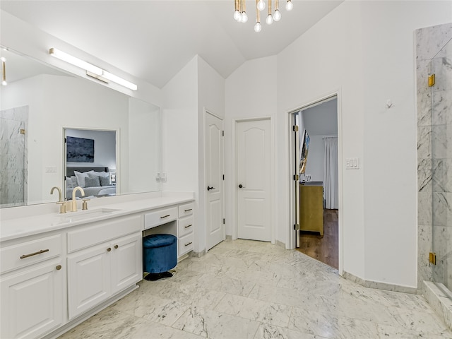 bathroom featuring a tile shower, vanity, lofted ceiling, and wood-type flooring