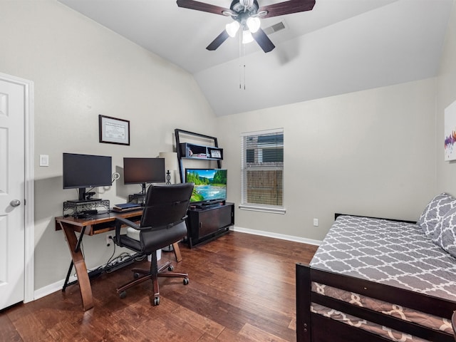 interior space with dark hardwood / wood-style flooring, ceiling fan, and lofted ceiling