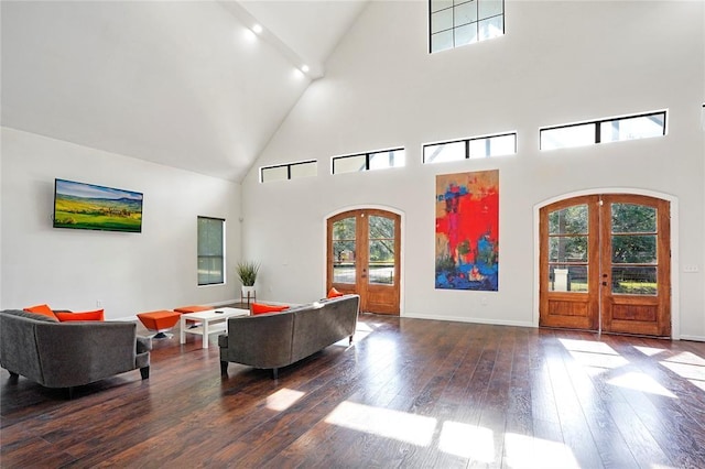 living room featuring a wealth of natural light, french doors, high vaulted ceiling, and dark wood-type flooring