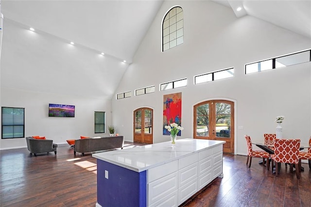 kitchen with a center island, french doors, dark hardwood / wood-style flooring, high vaulted ceiling, and white cabinets