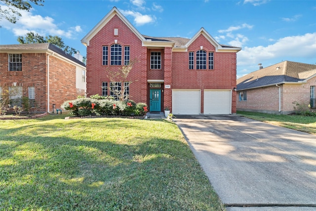 front facade with a garage and a front lawn