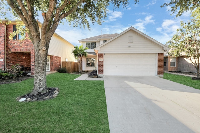 view of front of property featuring a front yard and a garage