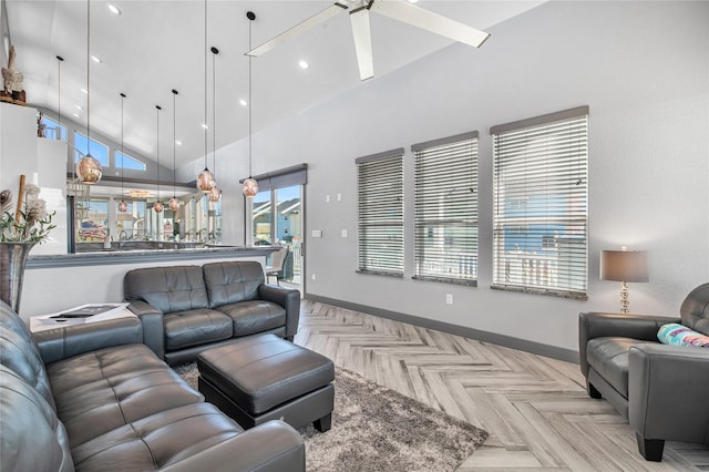 3709 Rice St, Galveston, TX 77554 - living room with ceiling fan, baseboards, high vaulted ceiling, and recessed lighting
