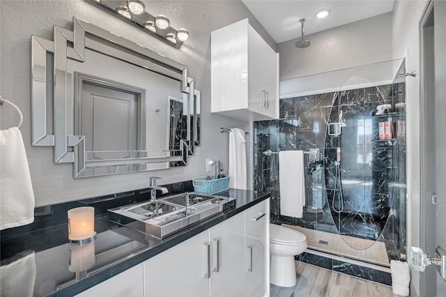 bathroom featuring walk in shower, vanity, wood-type flooring, and toilet