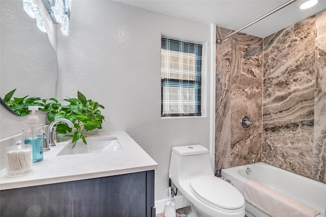 3709 Rice St, Galveston, TX 77554 - bathroom with vanity, toilet, shower / washtub combination, baseboards, and a textured wall
