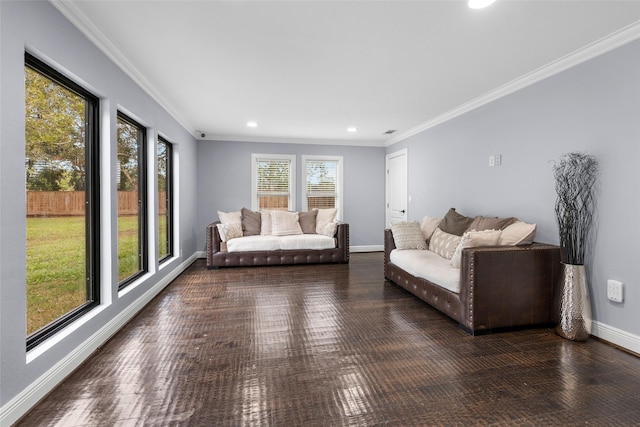 living room with dark wood-type flooring, crown molding, and a healthy amount of sunlight