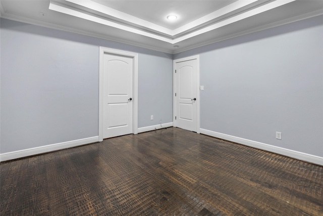 spare room featuring a raised ceiling, ornamental molding, and dark wood-type flooring