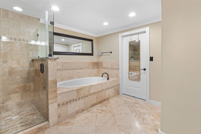 bathroom featuring plus walk in shower and ornamental molding