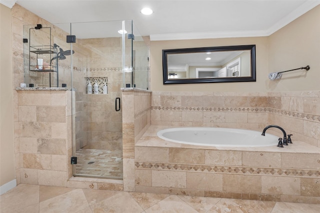 bathroom with shower with separate bathtub and ornamental molding