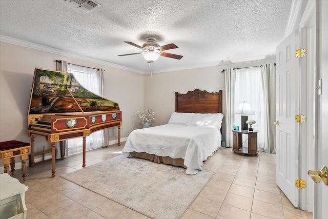 bedroom featuring a textured ceiling, ceiling fan, light tile patterned flooring, and crown molding