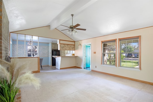 unfurnished living room featuring vaulted ceiling with beams, ceiling fan, and light carpet