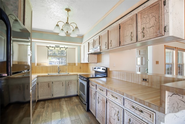 kitchen with stainless steel electric range, an inviting chandelier, sink, fridge, and dark hardwood / wood-style flooring