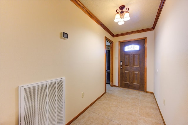 doorway featuring crown molding, light tile patterned flooring, a chandelier, and a textured ceiling