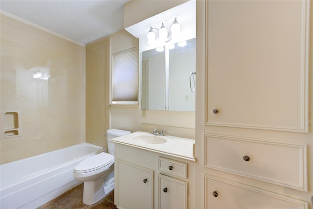 full bathroom featuring bathtub / shower combination, a textured ceiling, vanity, crown molding, and toilet