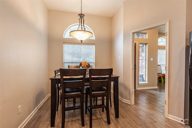 dining space featuring hardwood / wood-style floors and a towering ceiling