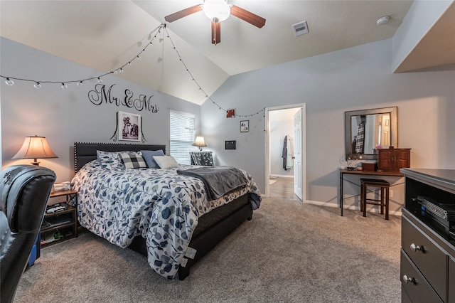 bedroom with carpet flooring, ceiling fan, and lofted ceiling