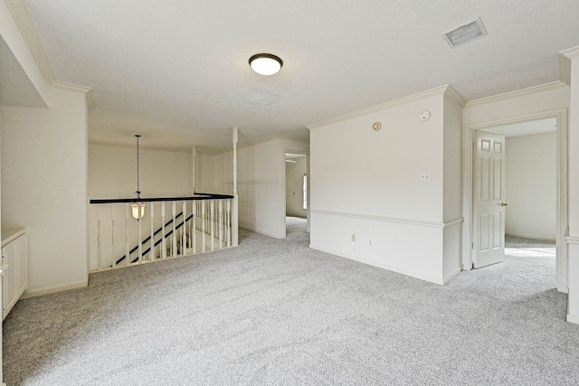 carpeted spare room featuring crown molding and a textured ceiling