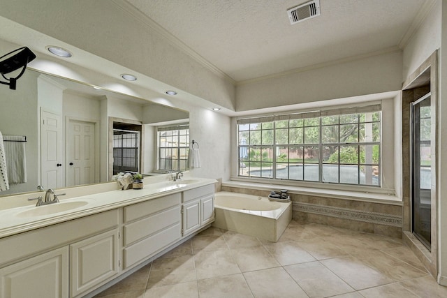 bathroom with tile patterned floors, plenty of natural light, vanity, and a textured ceiling