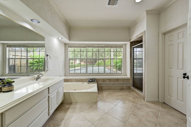 bathroom with plenty of natural light, ornamental molding, a textured ceiling, and a washtub