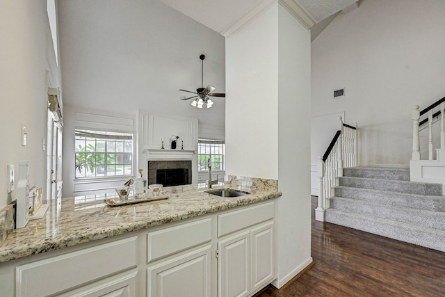 kitchen featuring light stone countertops, ceiling fan, sink, dark hardwood / wood-style floors, and white cabinetry