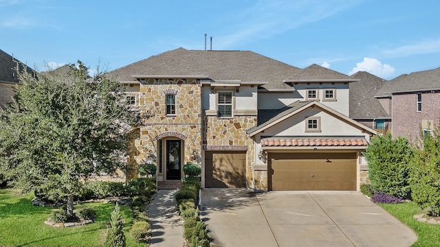 view of front of property with a front lawn and a garage