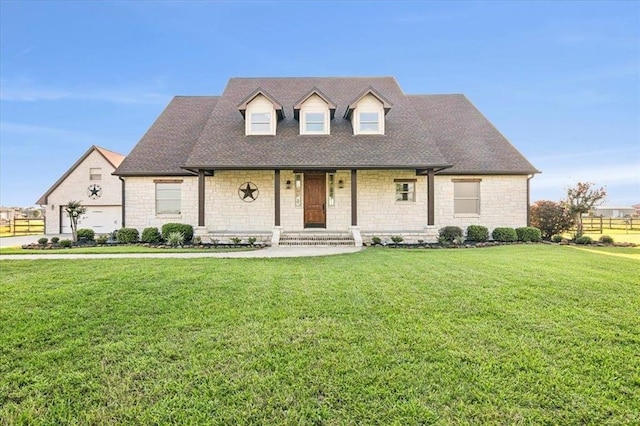 new england style home with a front yard and covered porch