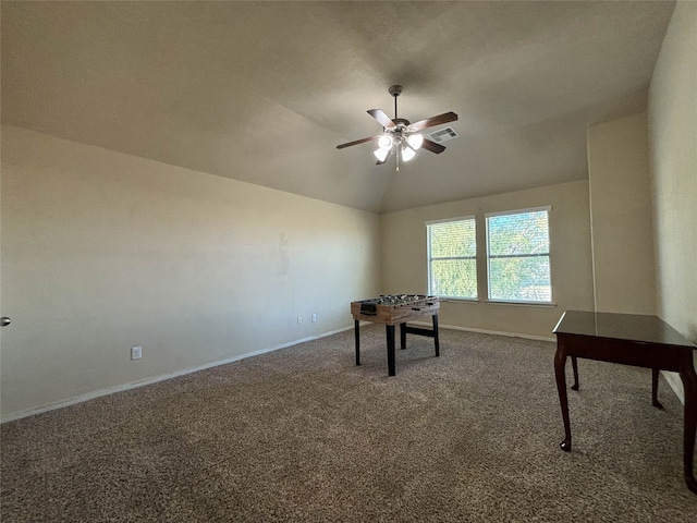 rec room with carpet flooring, vaulted ceiling, and ceiling fan