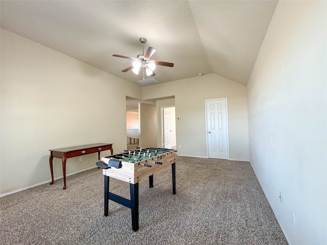 playroom featuring carpet, ceiling fan, and lofted ceiling