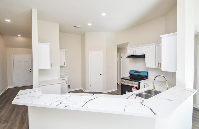 kitchen featuring kitchen peninsula, white cabinetry, and stainless steel electric range