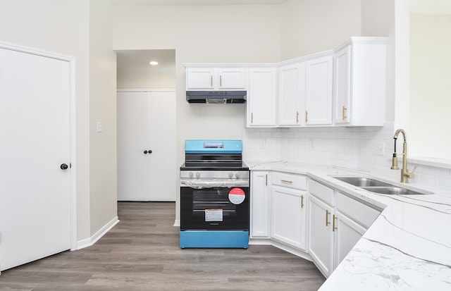 kitchen with light stone countertops, white cabinetry, sink, light hardwood / wood-style flooring, and range