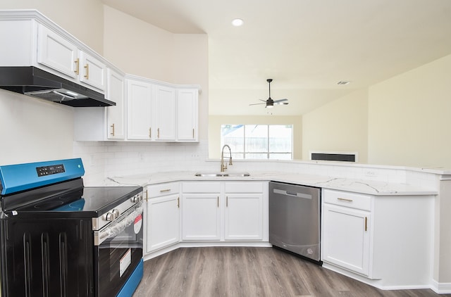 kitchen featuring dishwasher, white cabinetry, sink, and black range with electric cooktop