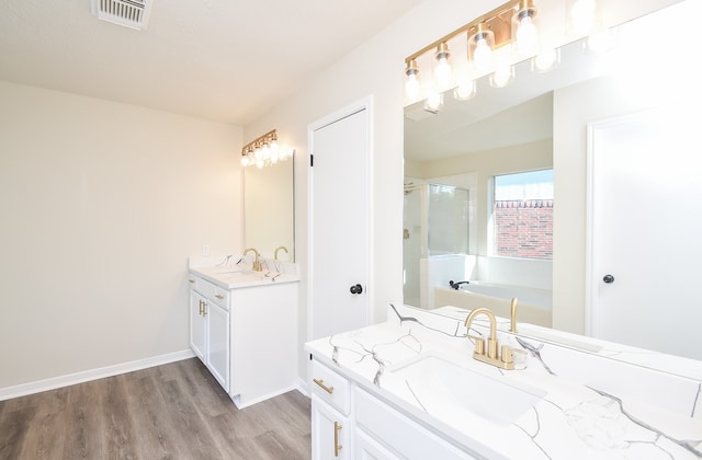 bathroom with vanity, wood-type flooring, and plus walk in shower