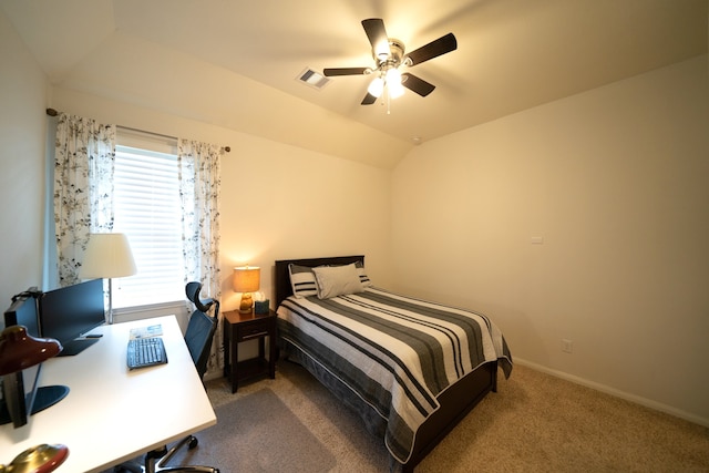 bedroom featuring carpet, ceiling fan, and lofted ceiling