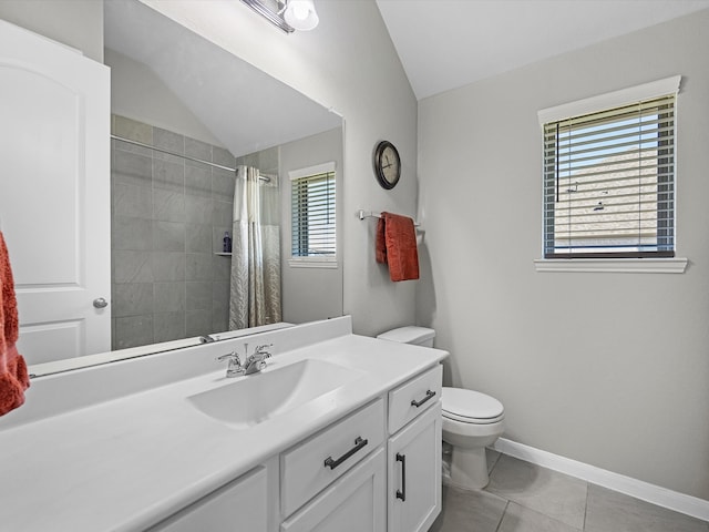 bathroom with walk in shower, vanity, vaulted ceiling, tile patterned flooring, and toilet