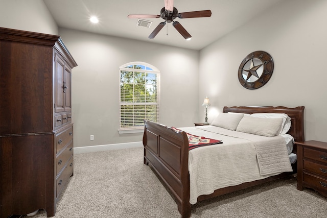 bedroom with recessed lighting, visible vents, light carpet, ceiling fan, and baseboards