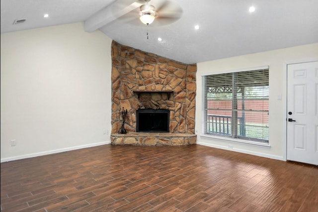 unfurnished living room with lofted ceiling with beams, ceiling fan, dark hardwood / wood-style floors, and a fireplace