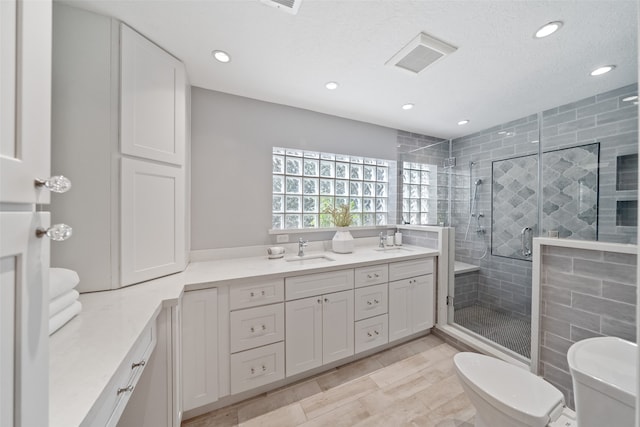 bathroom featuring vanity, an enclosed shower, and toilet