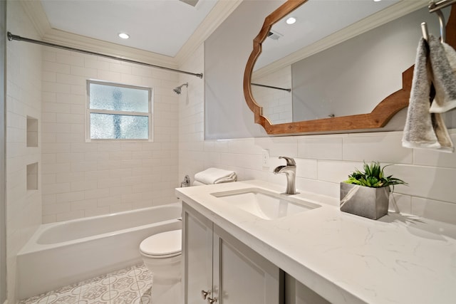 full bathroom featuring decorative backsplash, crown molding, tile walls, toilet, and tiled shower / bath