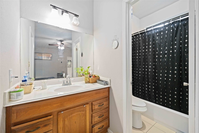 full bathroom featuring vanity, shower / bath combination with curtain, tile patterned flooring, ceiling fan, and toilet