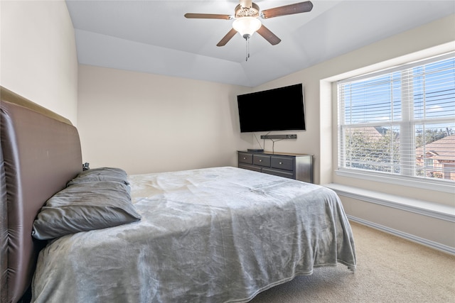 bedroom featuring carpet flooring, ceiling fan, and lofted ceiling