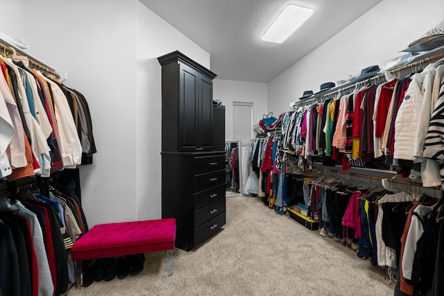 spacious closet featuring light colored carpet