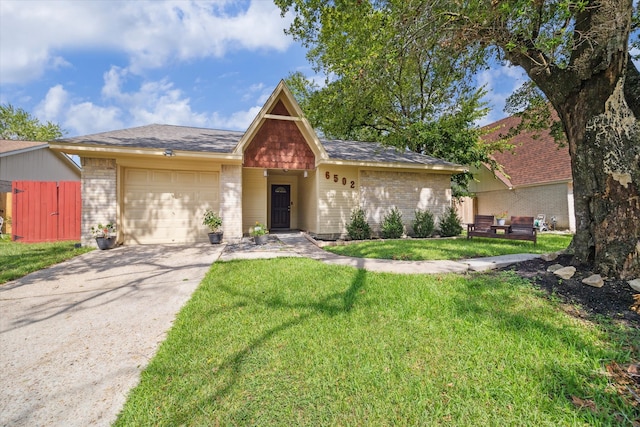 ranch-style house featuring a front lawn and a garage