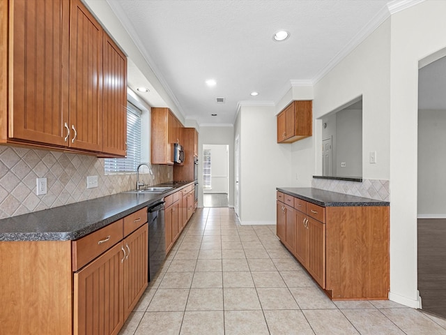 8311 Vaulted Pine Dr, Humble, TX 77346 - kitchen featuring black dishwasher, dark countertops, backsplash, a sink, and ornamental molding
