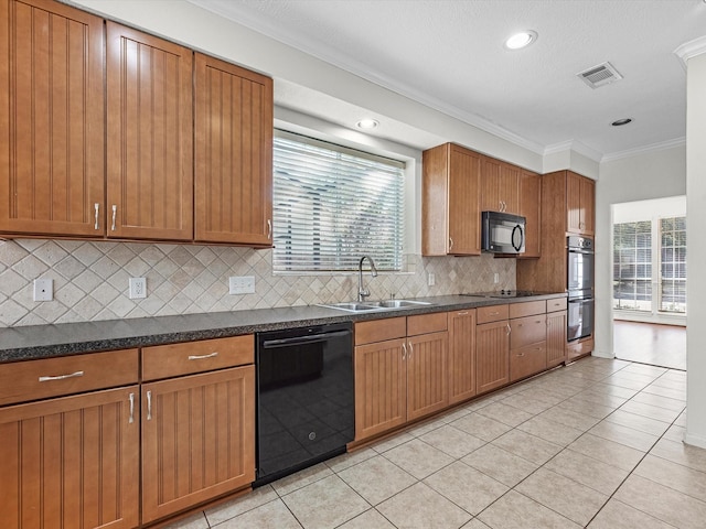 8311 Vaulted Pine Dr, Humble, TX 77346 - kitchen featuring black appliances, a sink, crown molding, dark countertops, and light tile patterned floors