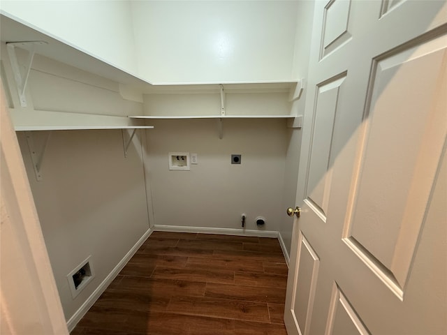 clothes washing area with hookup for an electric dryer, gas dryer hookup, dark wood-type flooring, and washer hookup