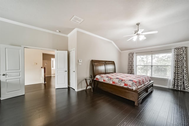 bedroom featuring ceiling fan, crown molding, dark hardwood / wood-style floors, and lofted ceiling